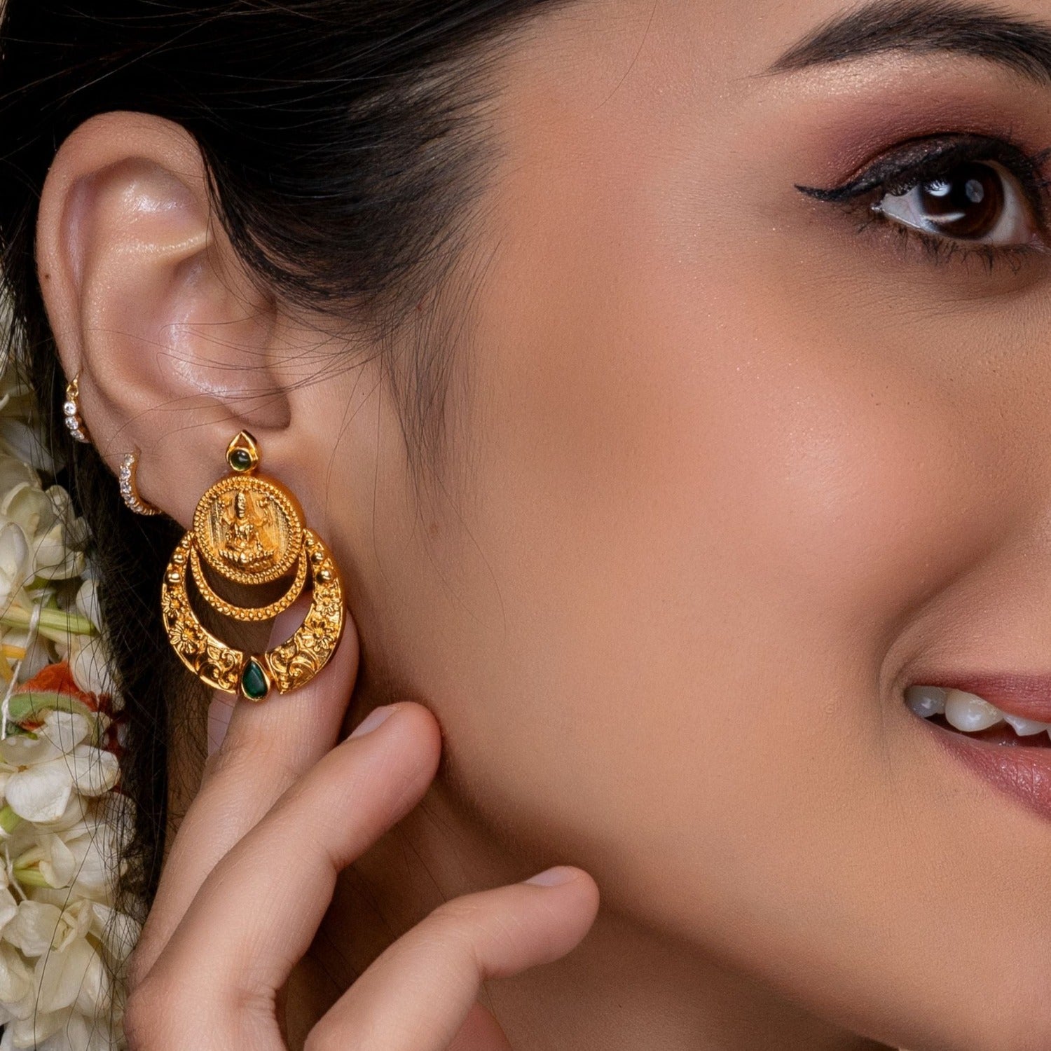 Shreeja Antique Green Kempu Chandbali Earrings