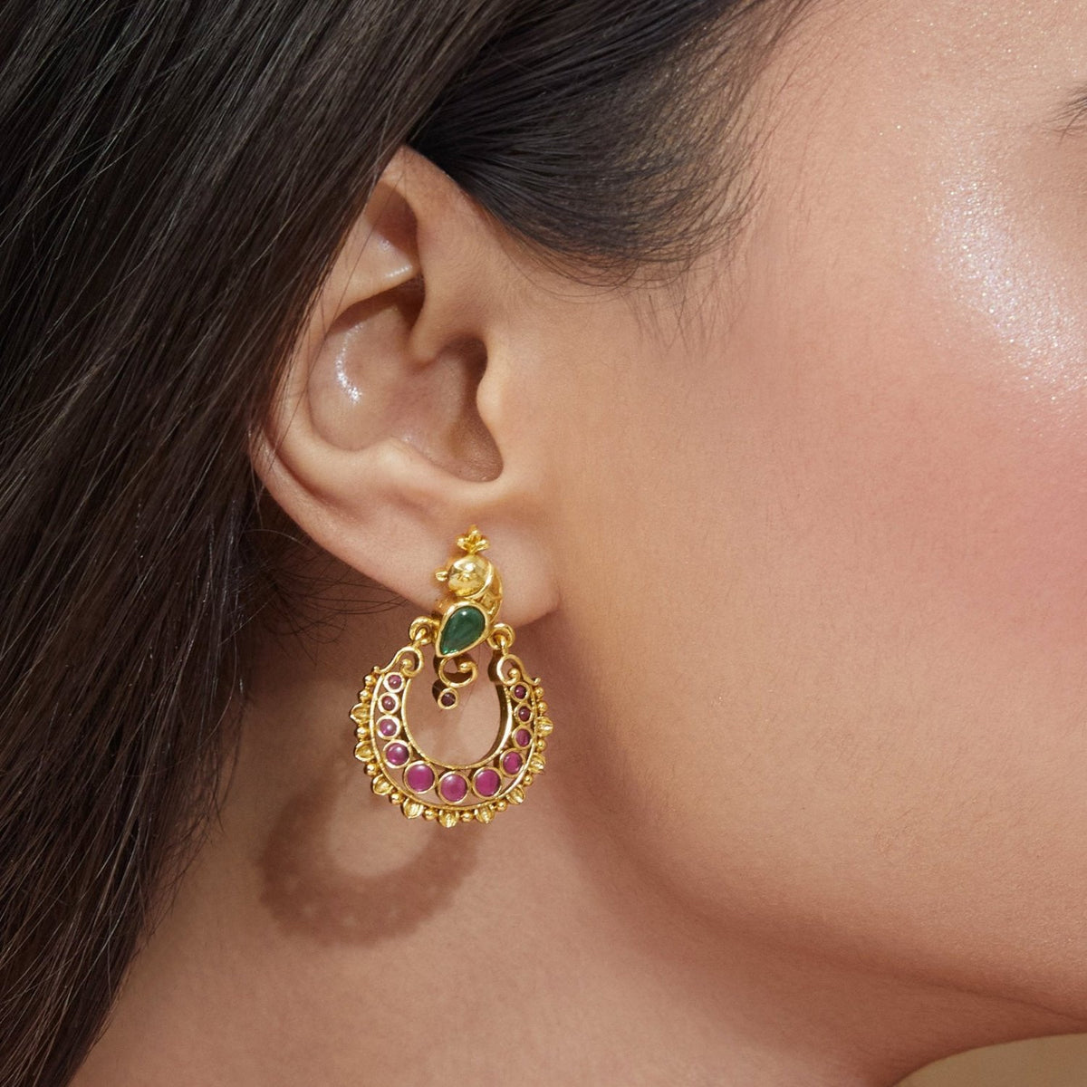 Aaravi Antique Red Green Kempu Chandbali Earrings