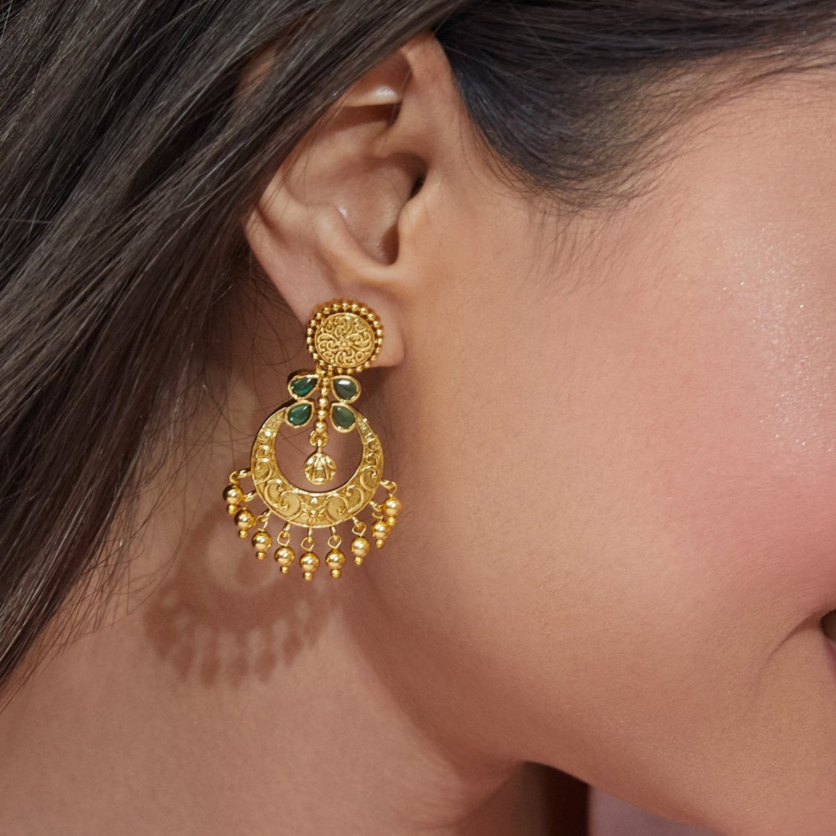 Riva Antique Green Kempu Chandbali Earrings