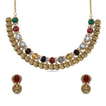 Showcase of an antique necklace and earring set with navaratna stones design.