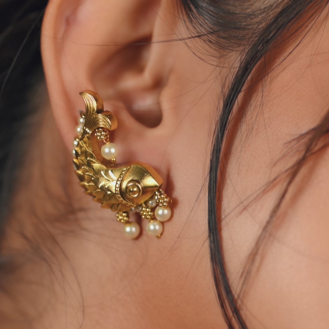 Fish and Pearl Oxidized Classic Earrings