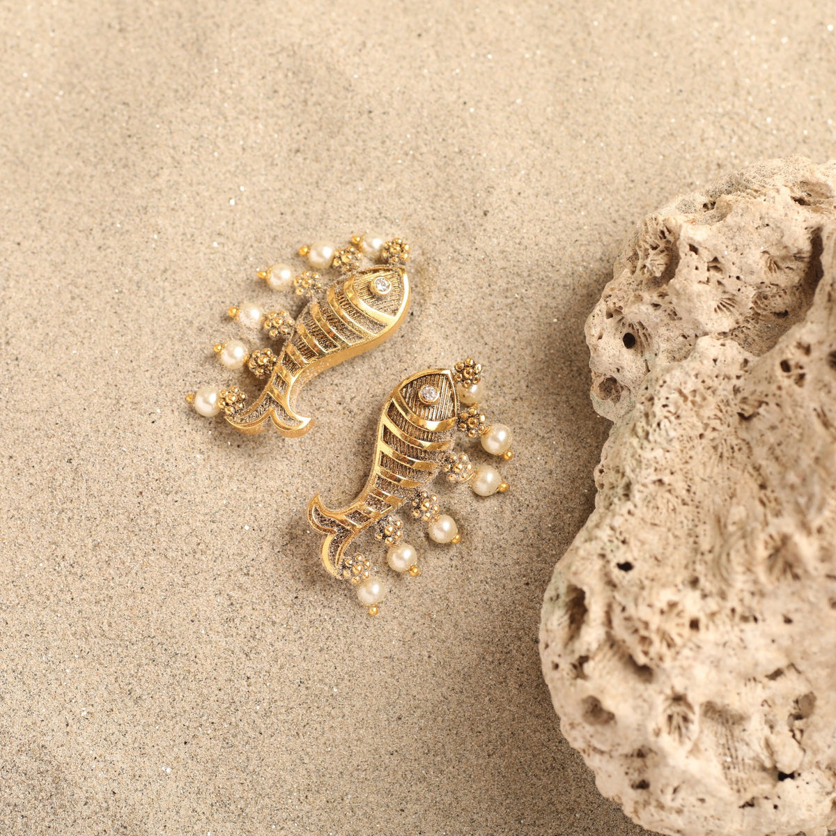 Fish and Pearl Oxidized Statement Earrings