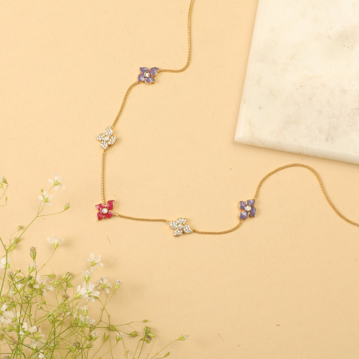 Pansy Floral CZ Statement Classic Layer  Necklace