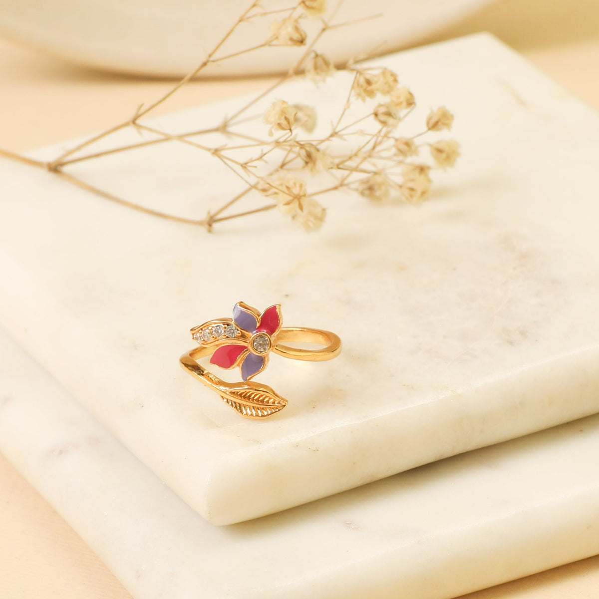 Pansy Floral CZ Leaf Finger Ring