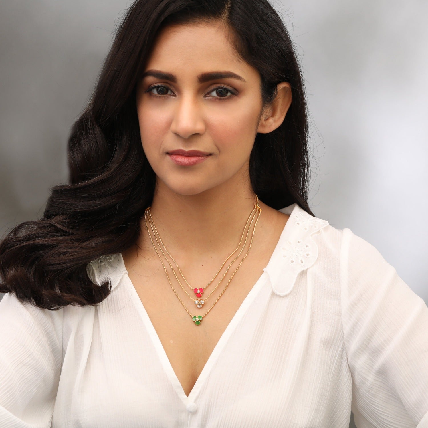 Pansy Floral CZ Statement Three Layer  Necklace