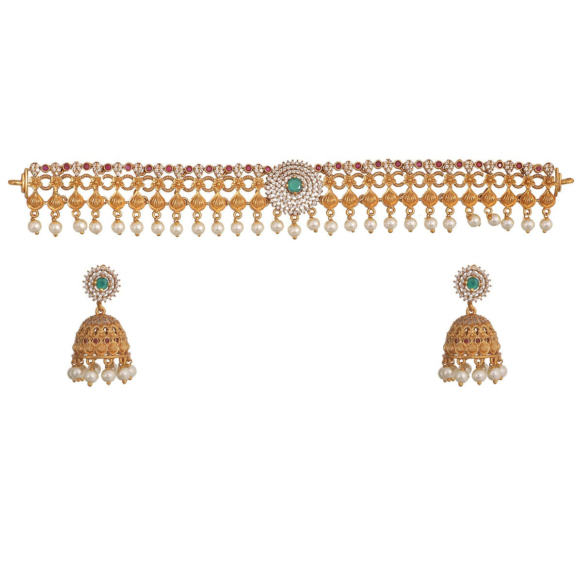 A picture of an Indian artificial gold plated choker necklace set with red and clear Cubic Zirconia stones, featuring floral design in the center.