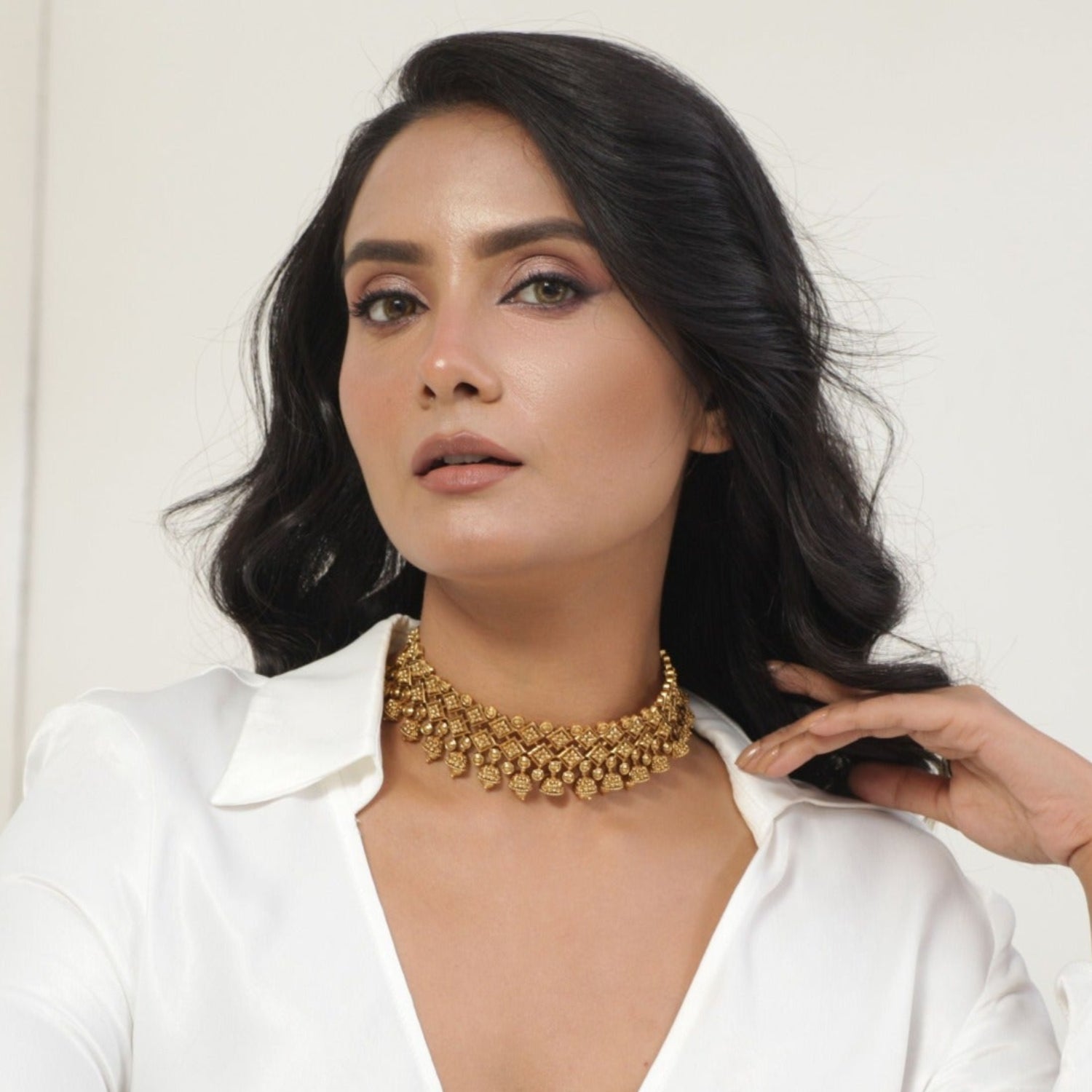 Azba Statement Floral Jhumki Antique Choker