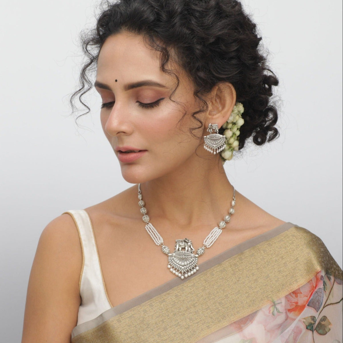 Maati Elephant & Pearl Antique Oxidized Necklace Set