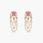 A picture of a pair of Indian artificial pink flower earrings with white pearls.