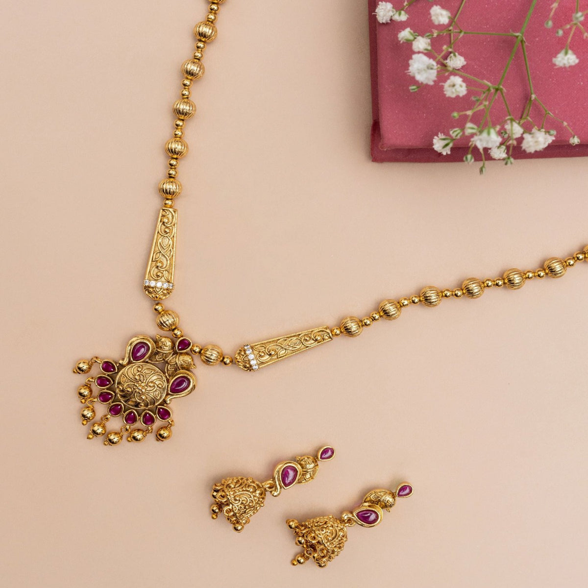 Festive Antique Kempu Necklace Set 