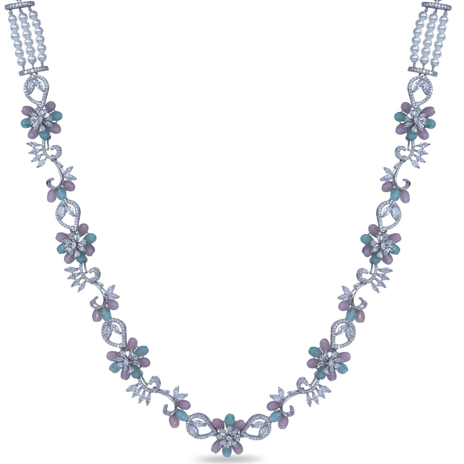 A picture of rhodium plated necklace with green, pink and mint beads in floral designs.