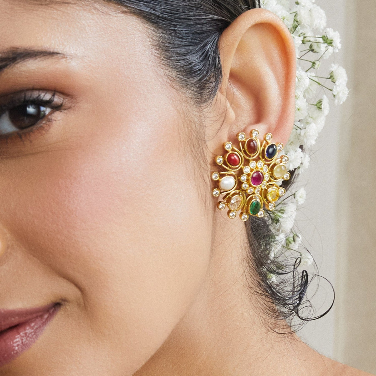 Navaratna Floral Stud Earrings