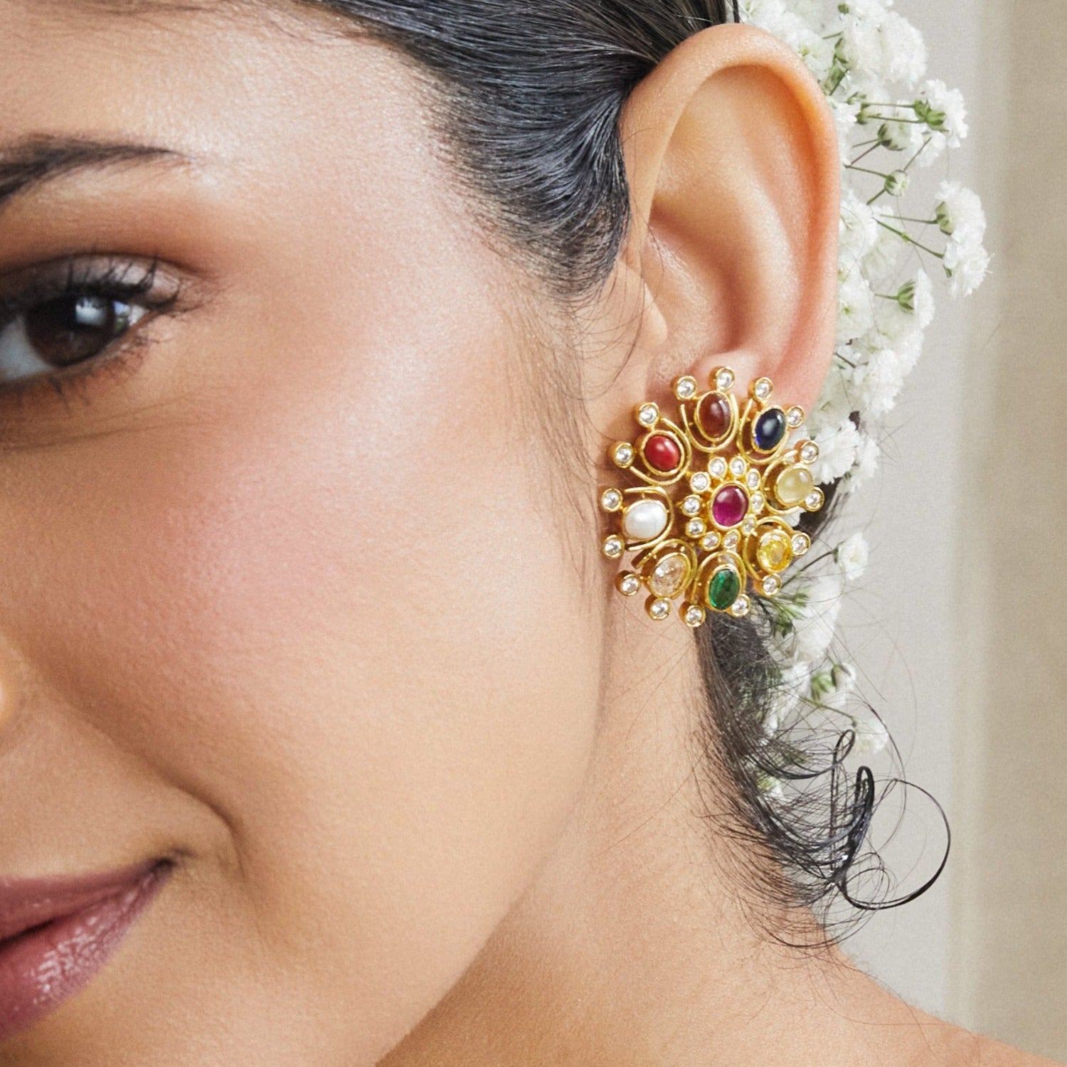 Navaratna Floral Stud Earrings