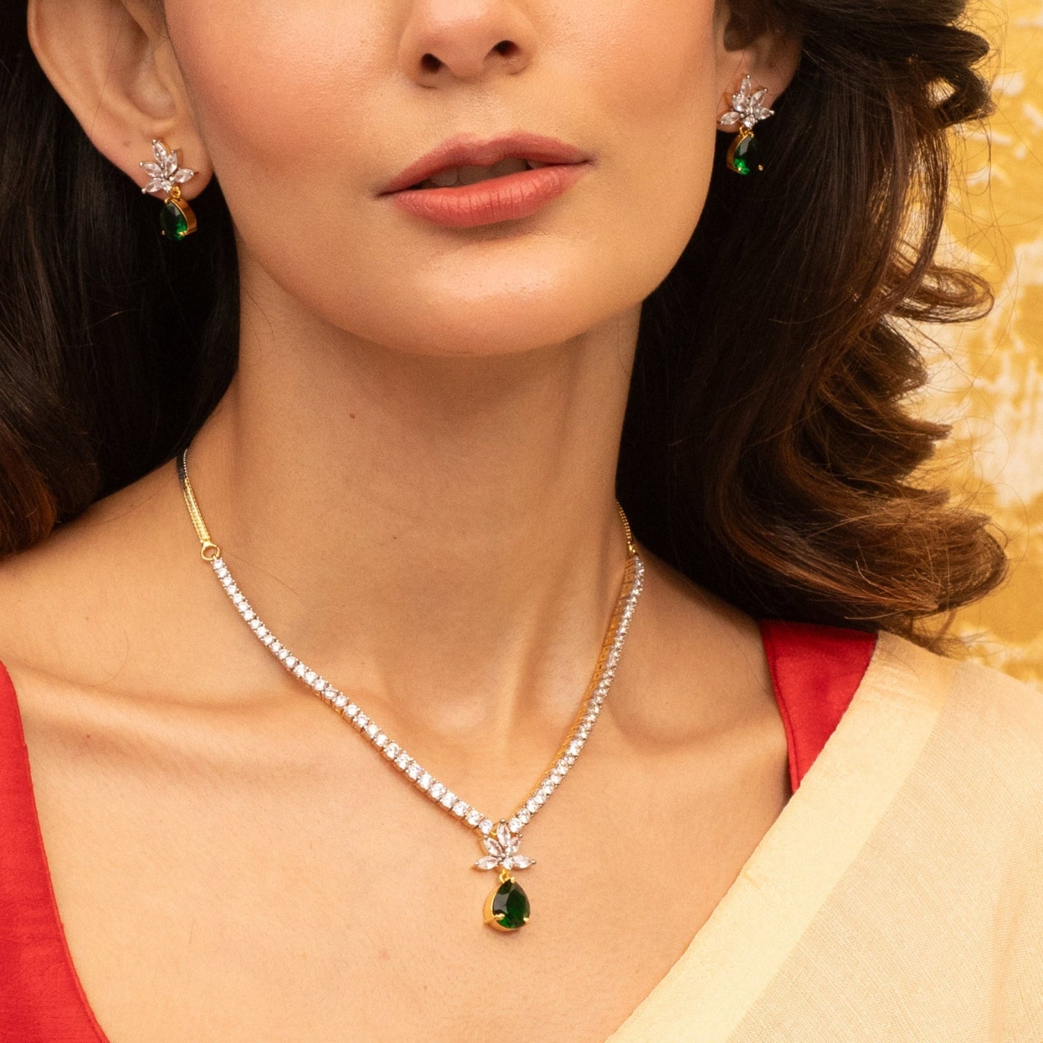Buy Tarinika's Camellia CZ Green Necklace Set | Indian Jewellery