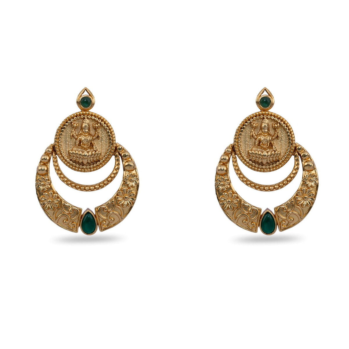 A close up image of a teardrop shaped earrings, featuring green kempu stones.