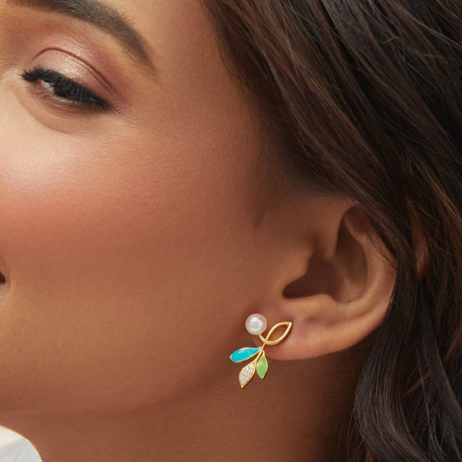 Eriha Pearl Statement Green Leaf Stud Earrings