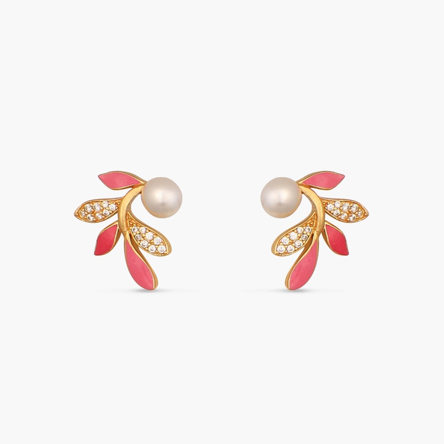 Eriha Pearl Delicate Pink Leaf Stud Earrings