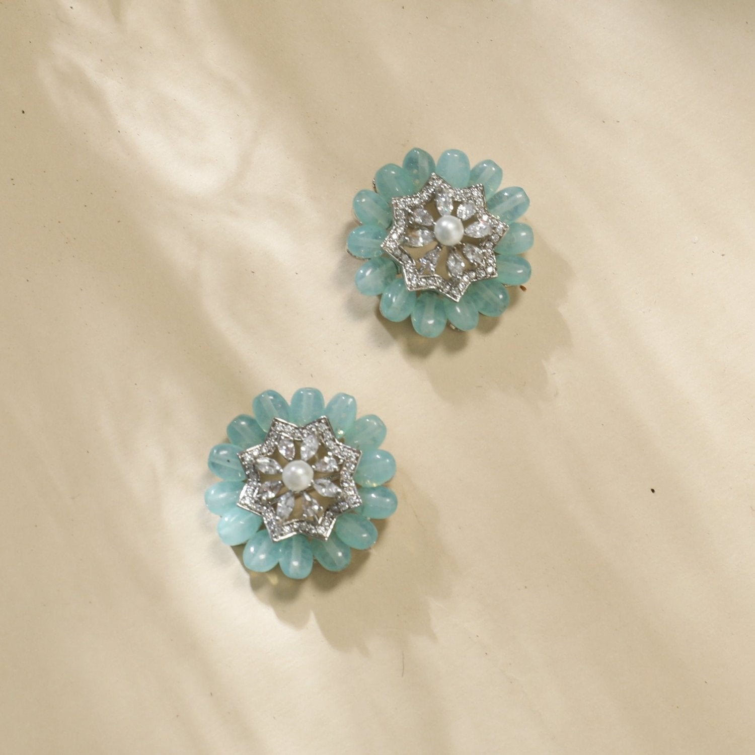 Floral Charm CZ Mint Beads & Pearl Stud Earrings