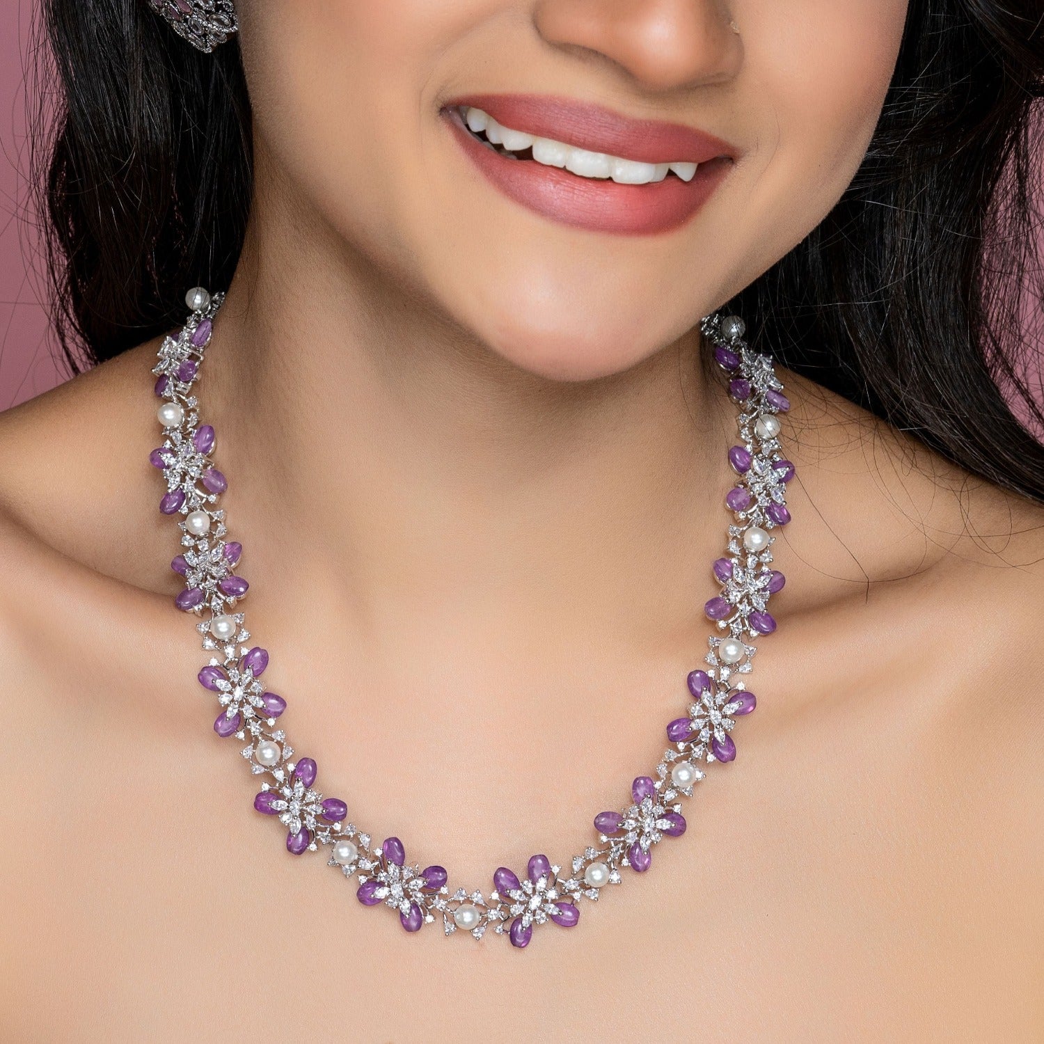 Floral Petal CZ Lavender Beads & Pearl Long Necklace