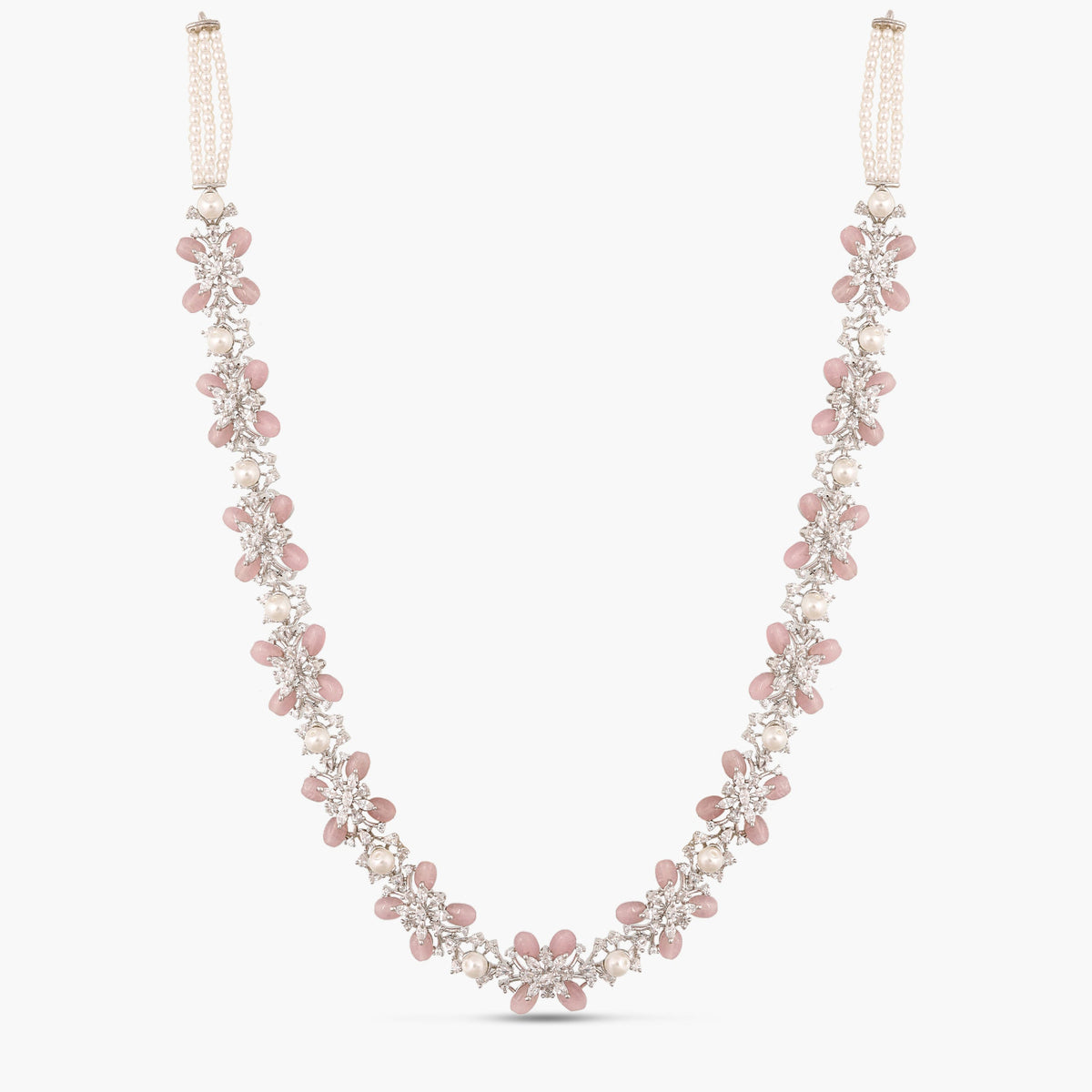 Floral Bloom CZ Pink Beads & Pearl Long Necklace