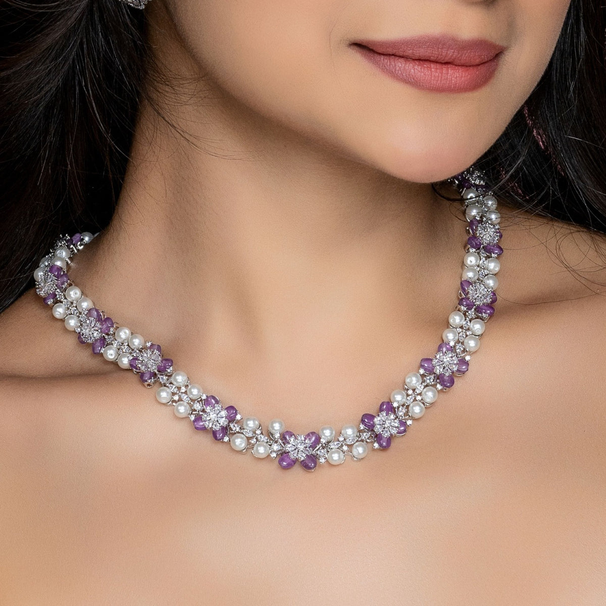 Floral Grace CZ Lavender Beads &amp; Pearl Long Necklace