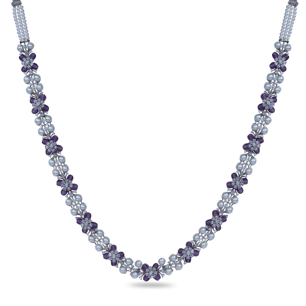 Floral Grace CZ Lavender Beads &amp; Pearl Long Necklace