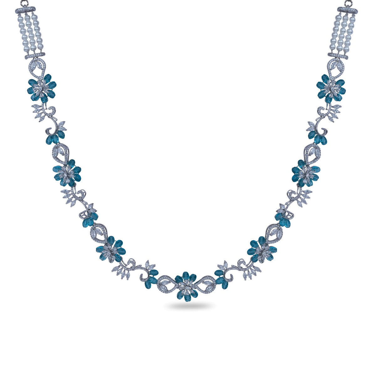 A picture of a rhodium plated necklace with aqua stones and Cubic Zirconia in a floral design.