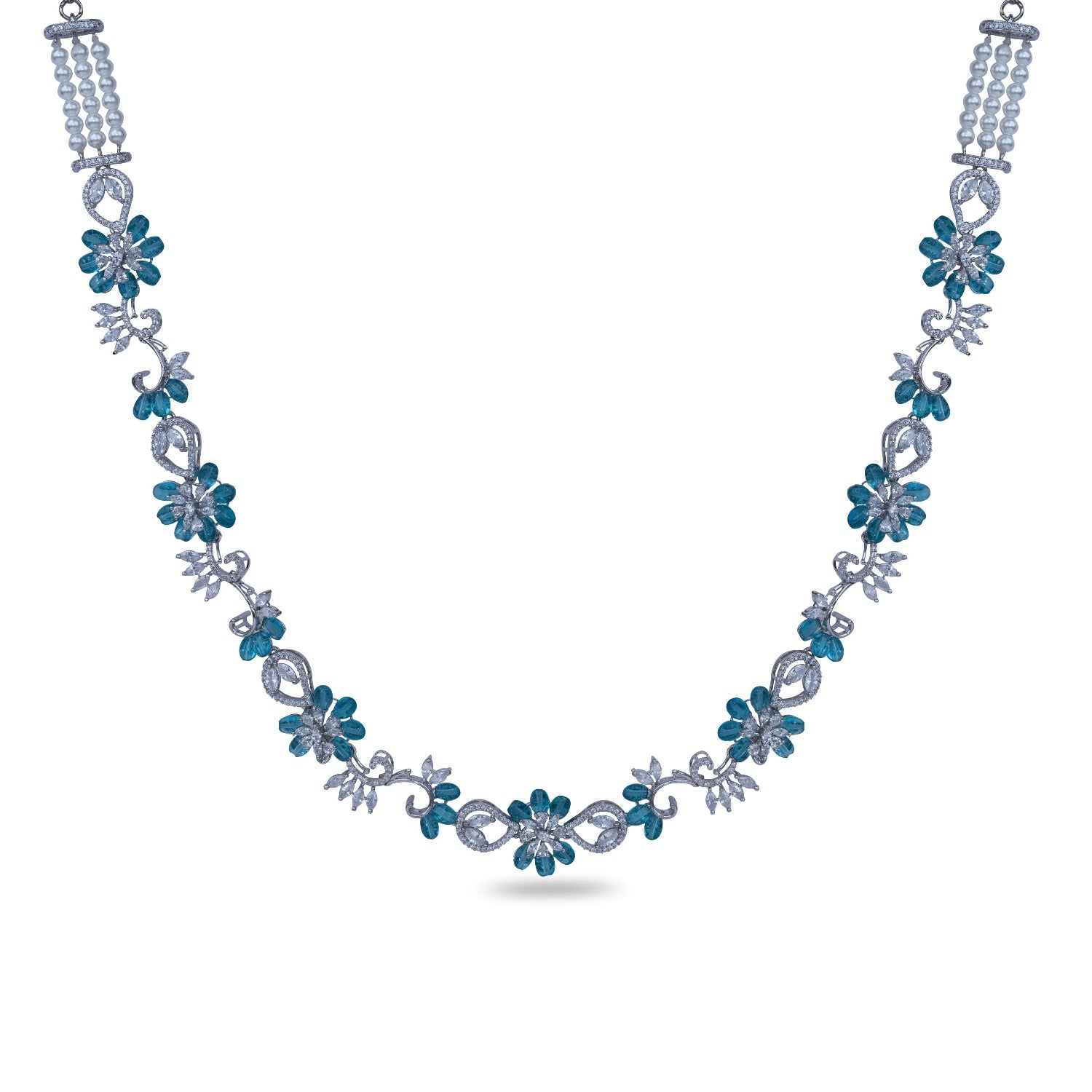 A picture of a rhodium plated necklace with aqua stones and Cubic Zirconia in a floral design.