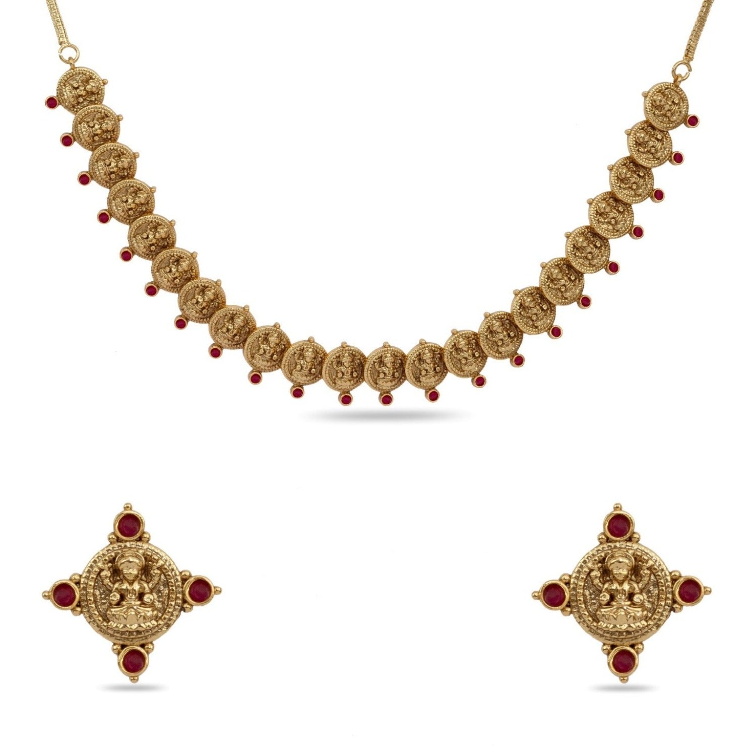 A close up image of a gold plated choker necklace and stud earrings with a geometric design.