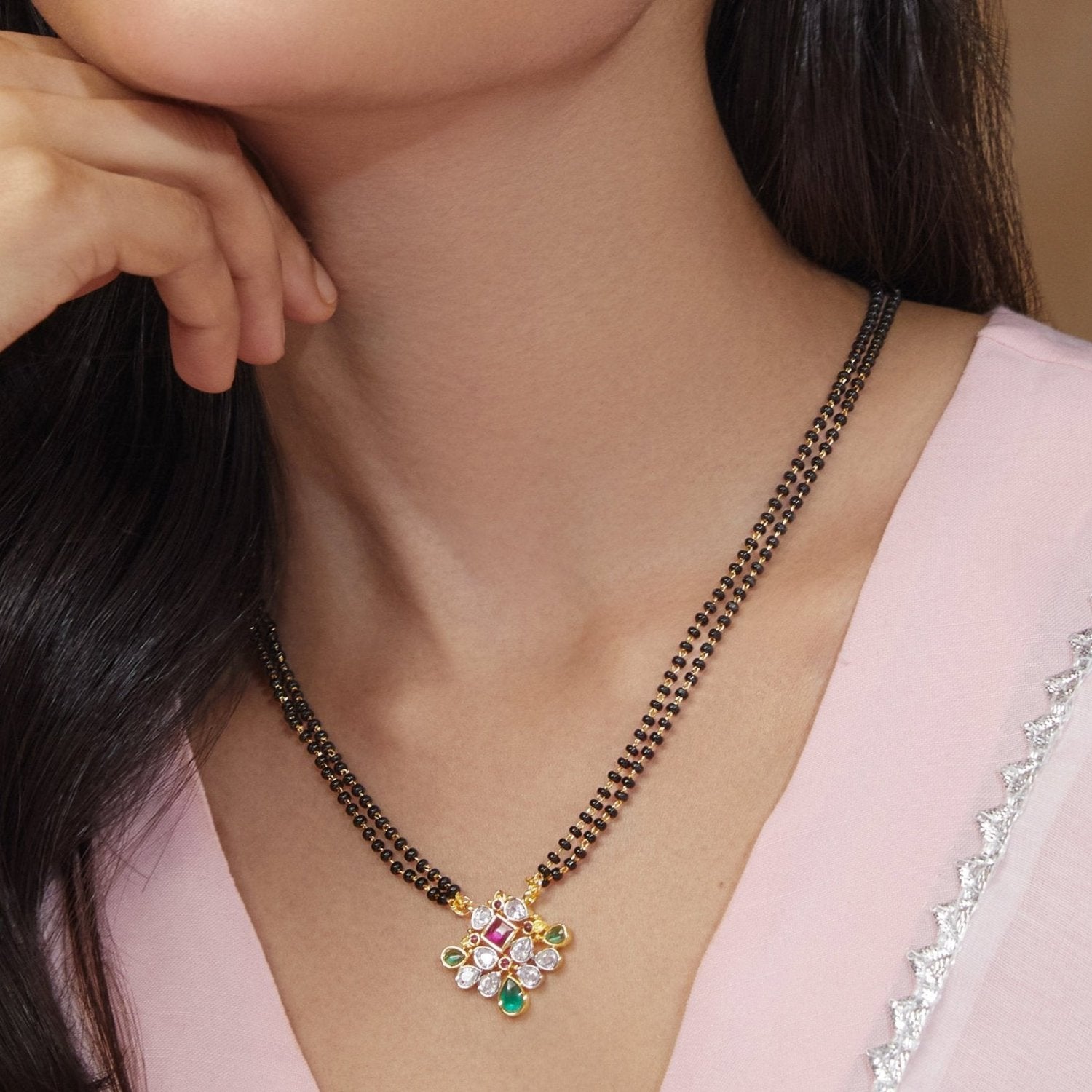 Get Rohani CZ Multi-Stone Black Beads Necklace Mangalsutra Style