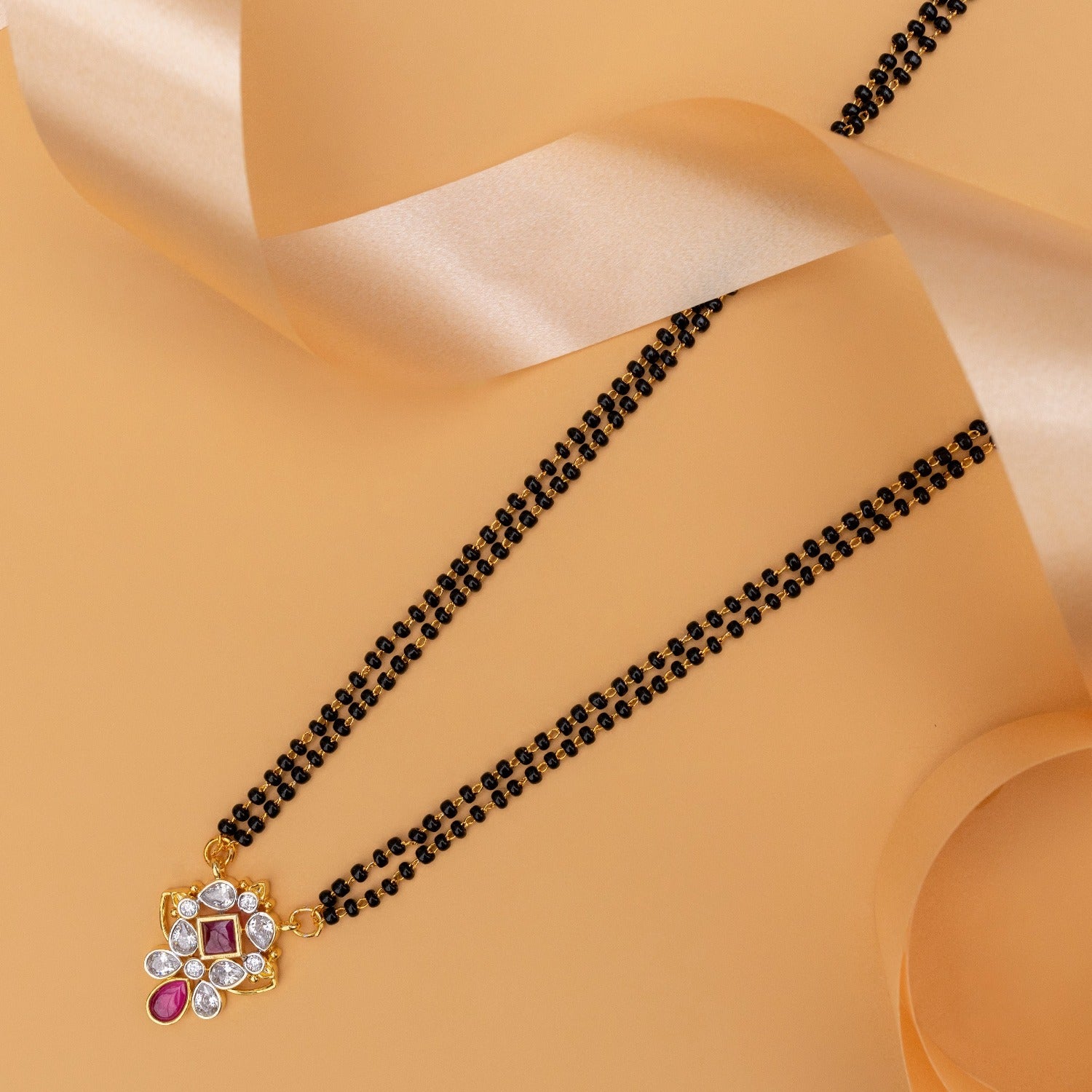 Buds Floral CZ White Red Black Beads Necklace