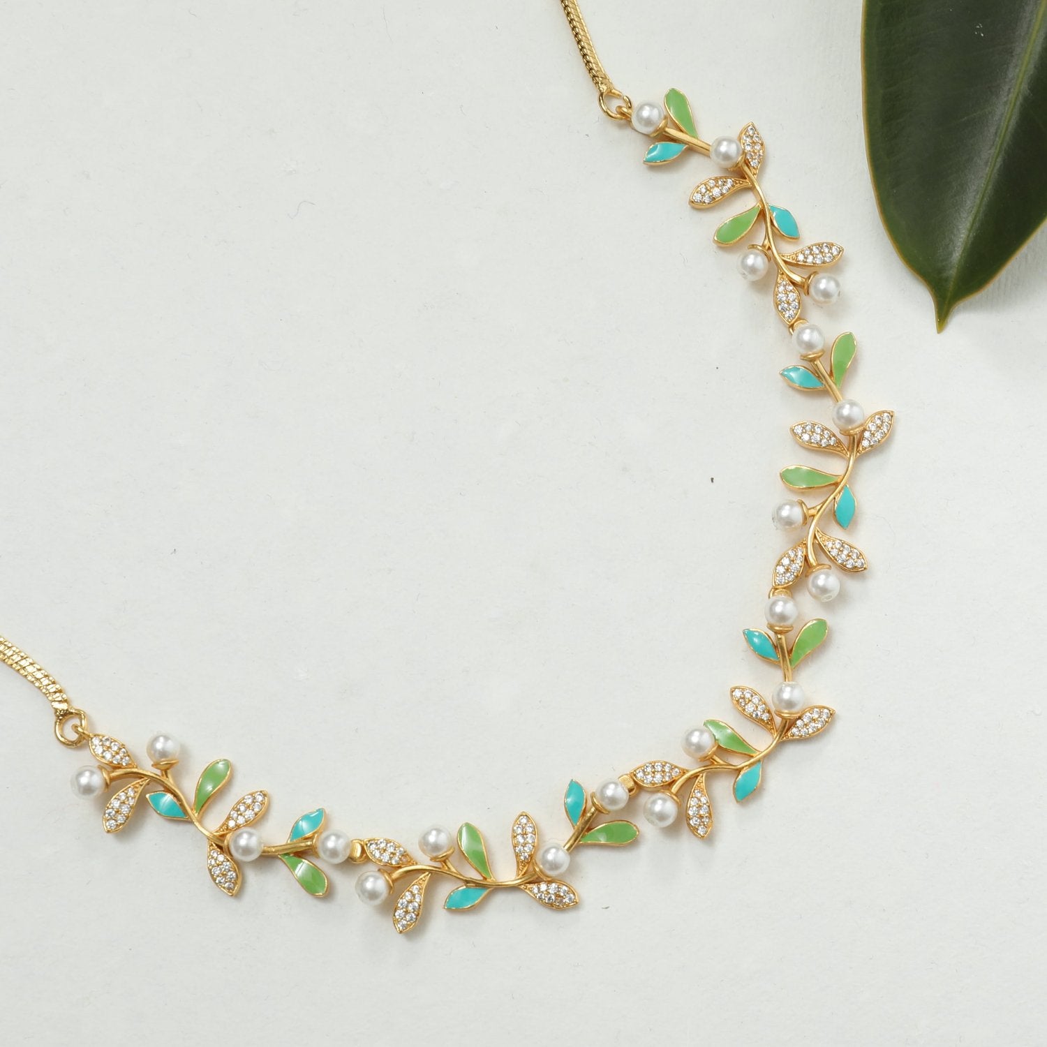 Buy Eriha Pearl CZ Statement Green Leaf Necklace | Artificial