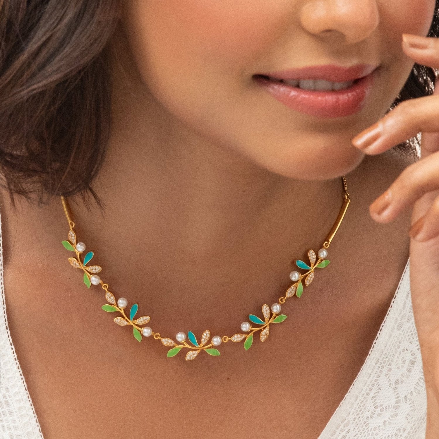Buy Eriha Pearl Delicate CZ Green Leaf Necklace | Indian Jewellery