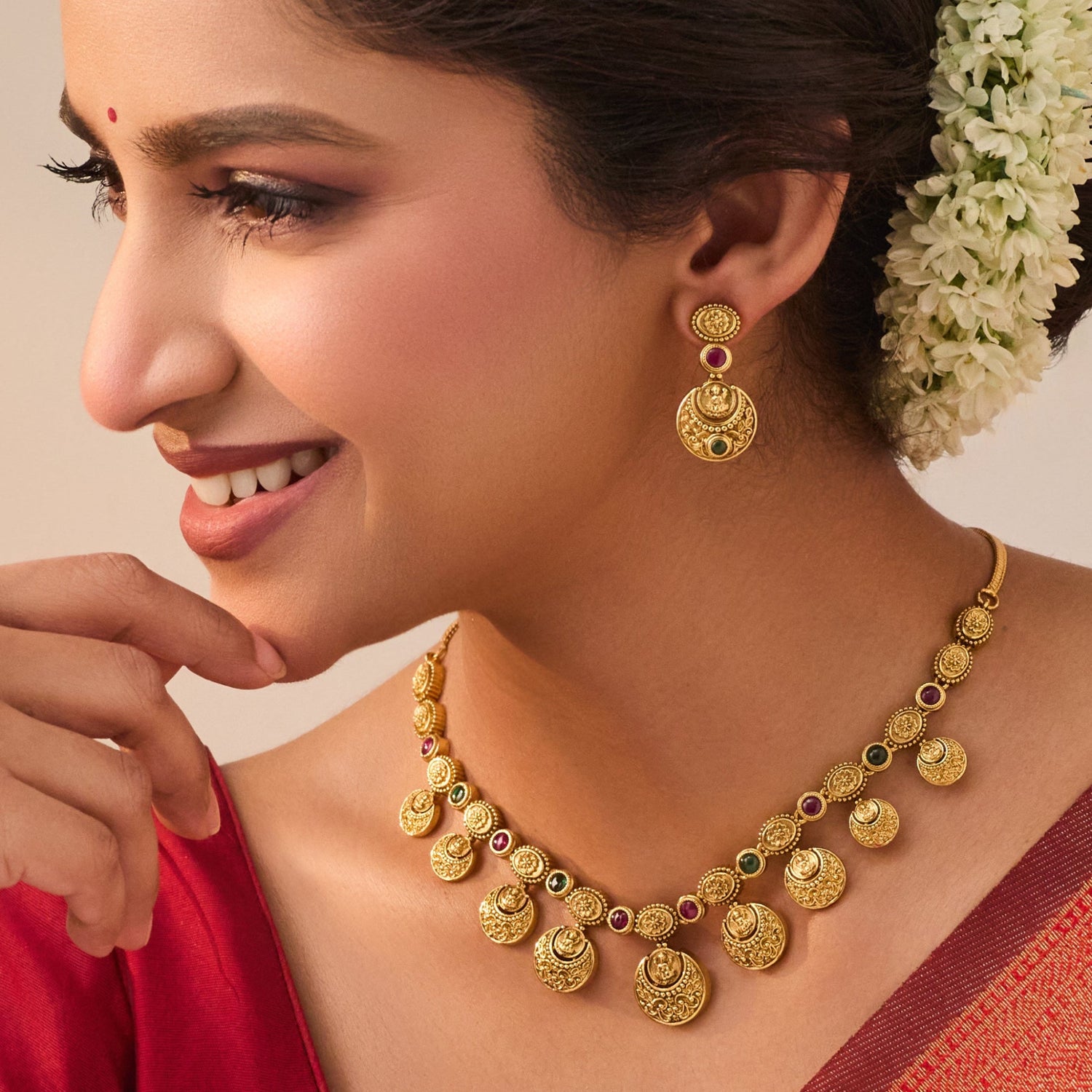 Padmaja Red Green Kempu Antique Necklace Set