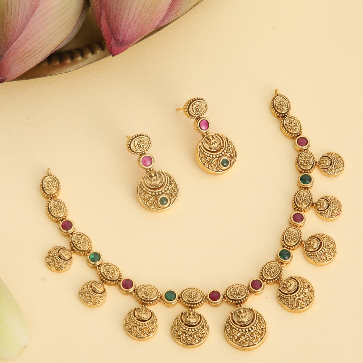 Padmaja Red Green Kempu Antique Necklace Set