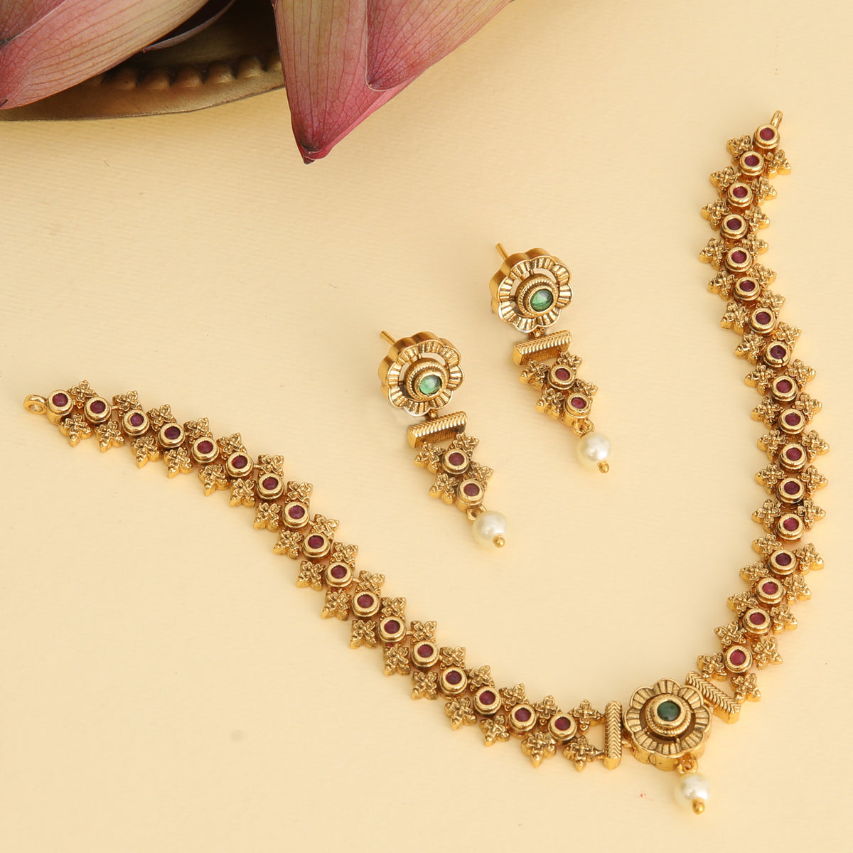 Shyla Kempu Red Green Antique Necklace Set