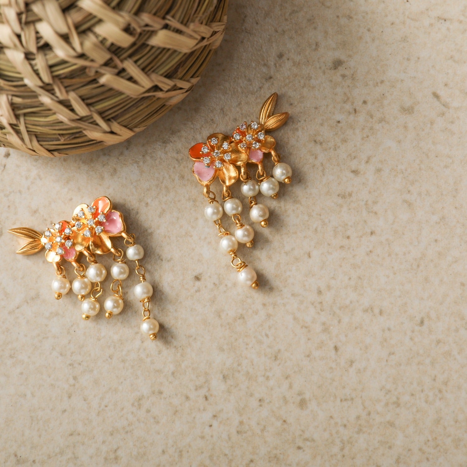Lovely Wedding Mall - Lotus Design Pearl Beaded Meenakari Earrings