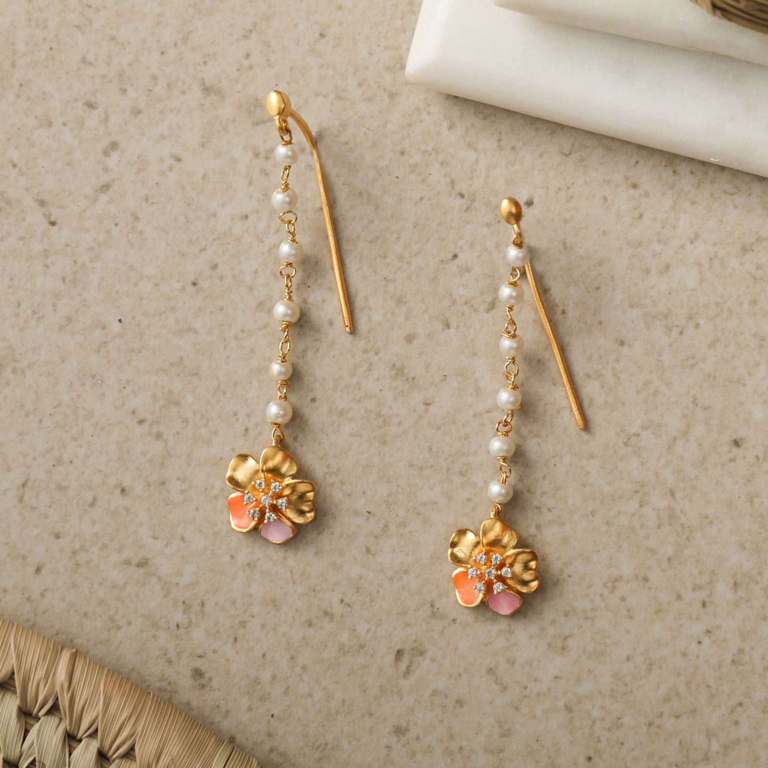 Delicate Pearl Dangle Earrings in 22ct Gold GER 079