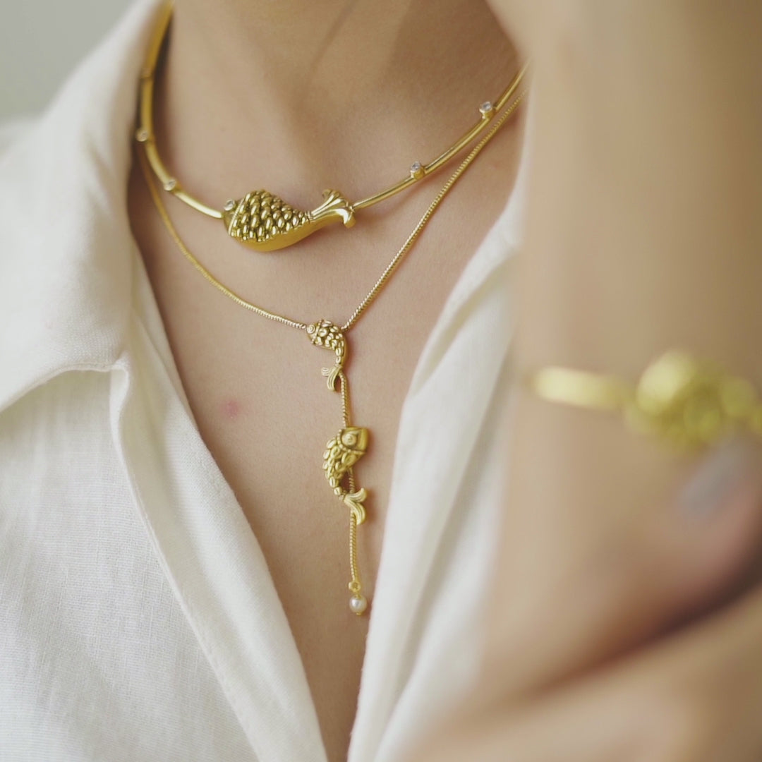Dual Fish Oxidized Chain Necklace