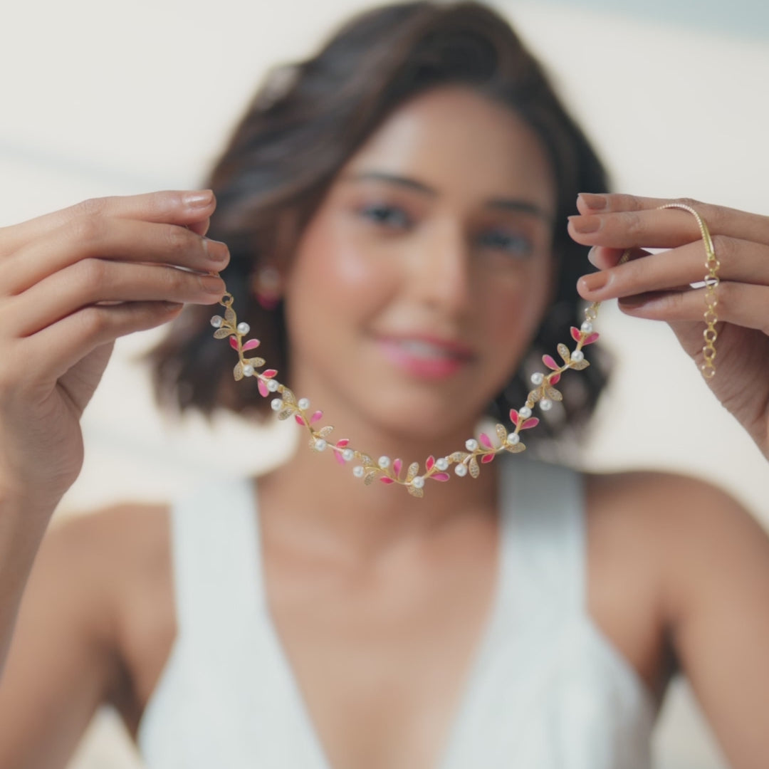 Eriha Pearl CZ Statement Pink Leaf Necklace