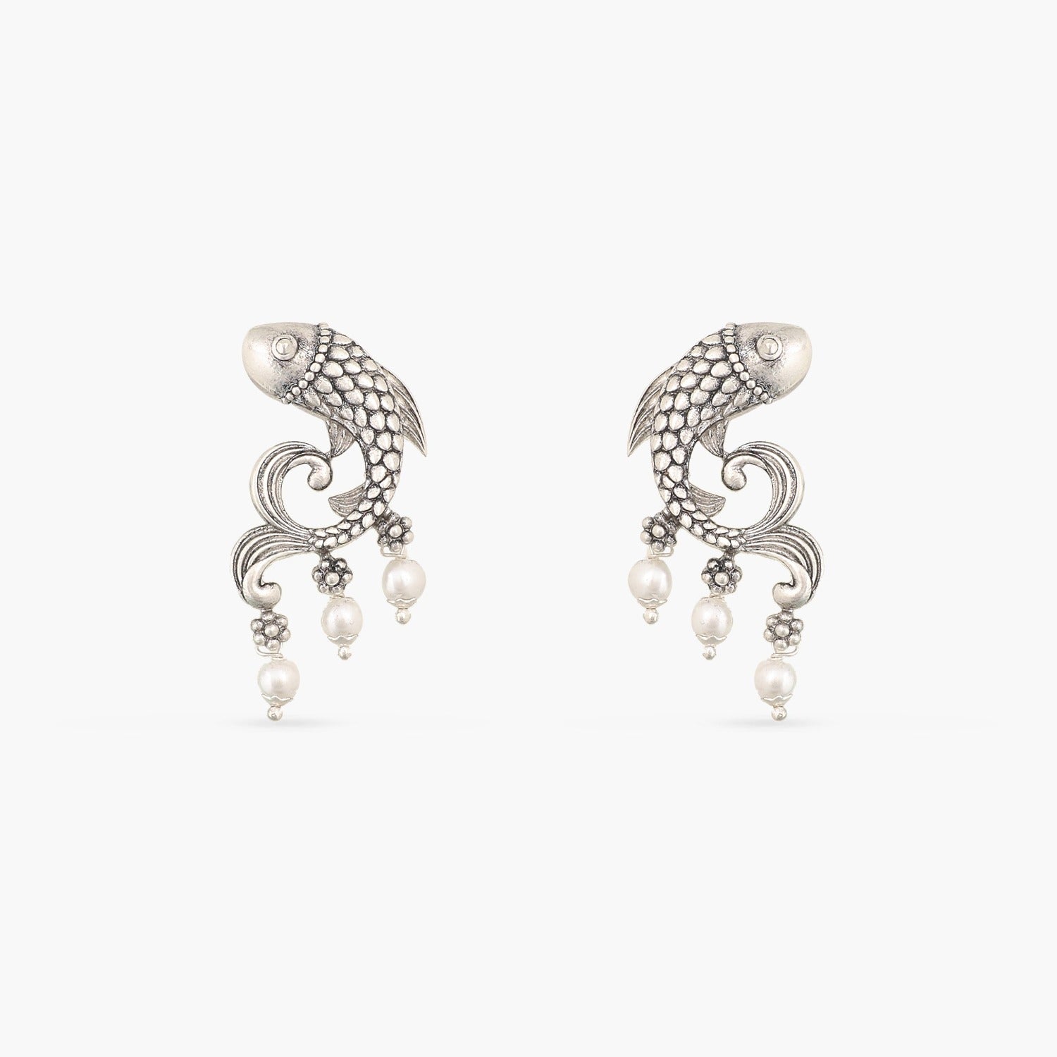 Fish and Pearl Oxidized Drop Earrings