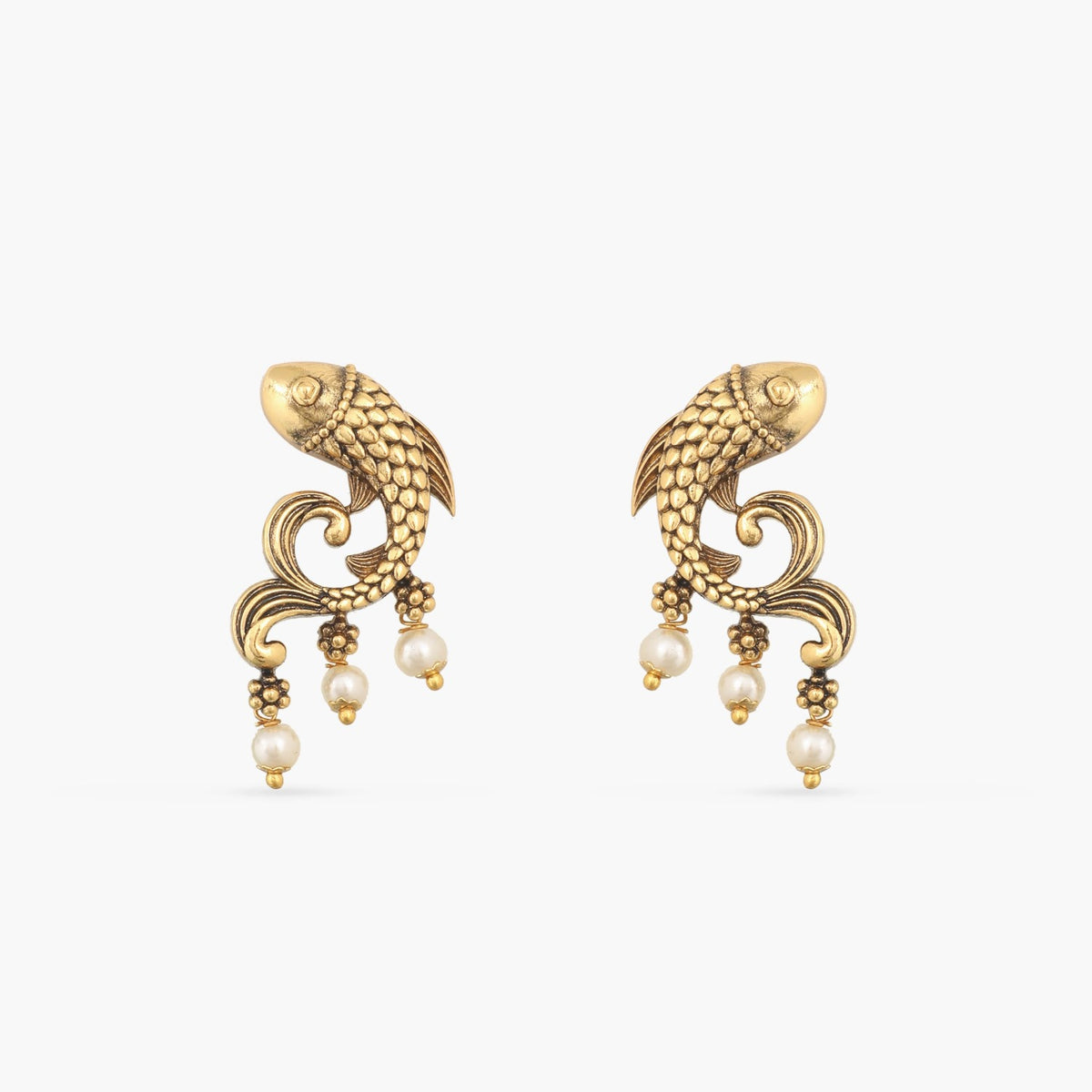 Fish and Pearl Oxidized Drop Earrings