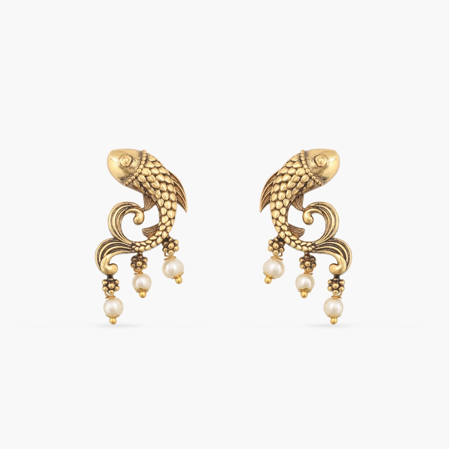 Fish and Pearl Oxidized Drop Earrings