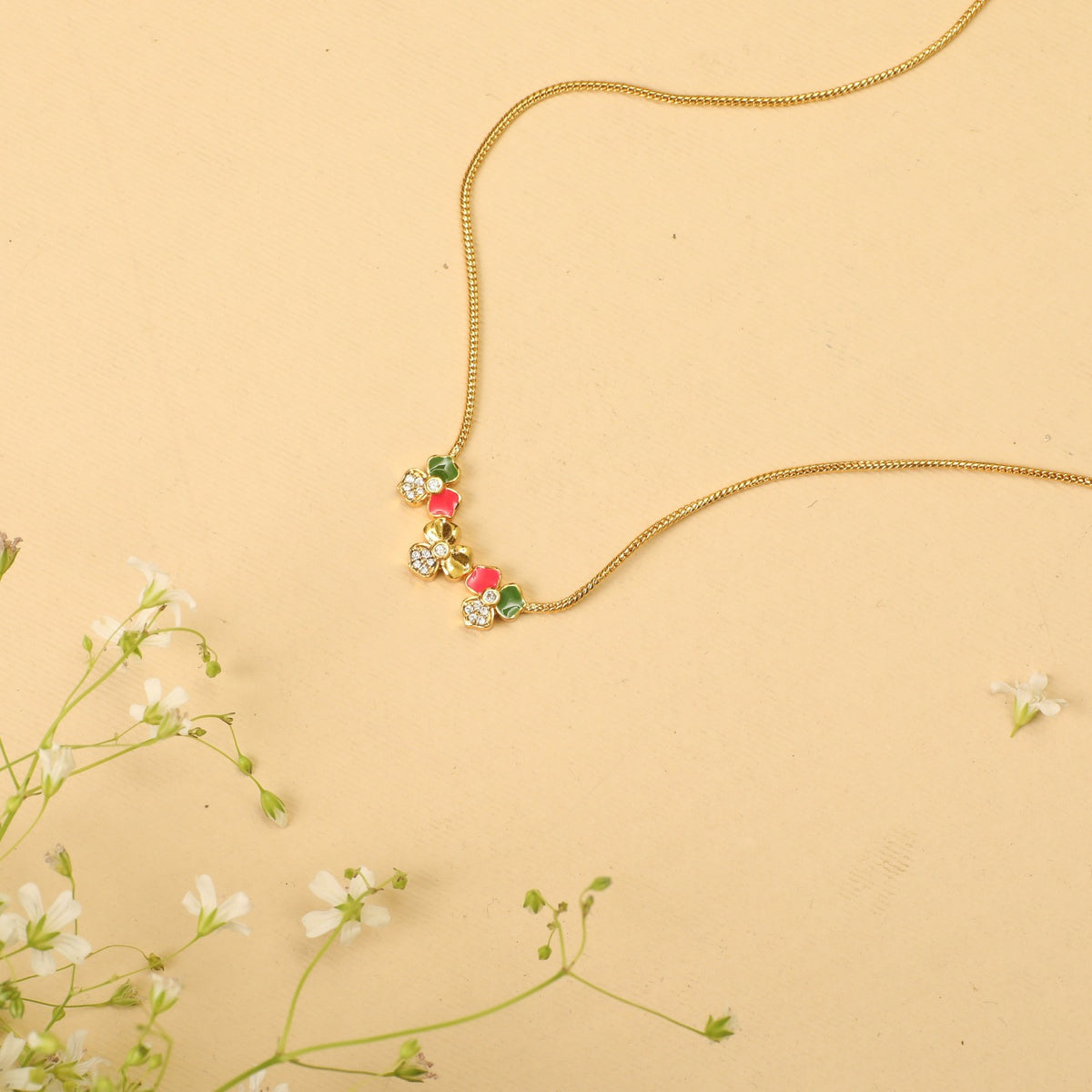 Pansy Floral CZ Triple Motif Necklace