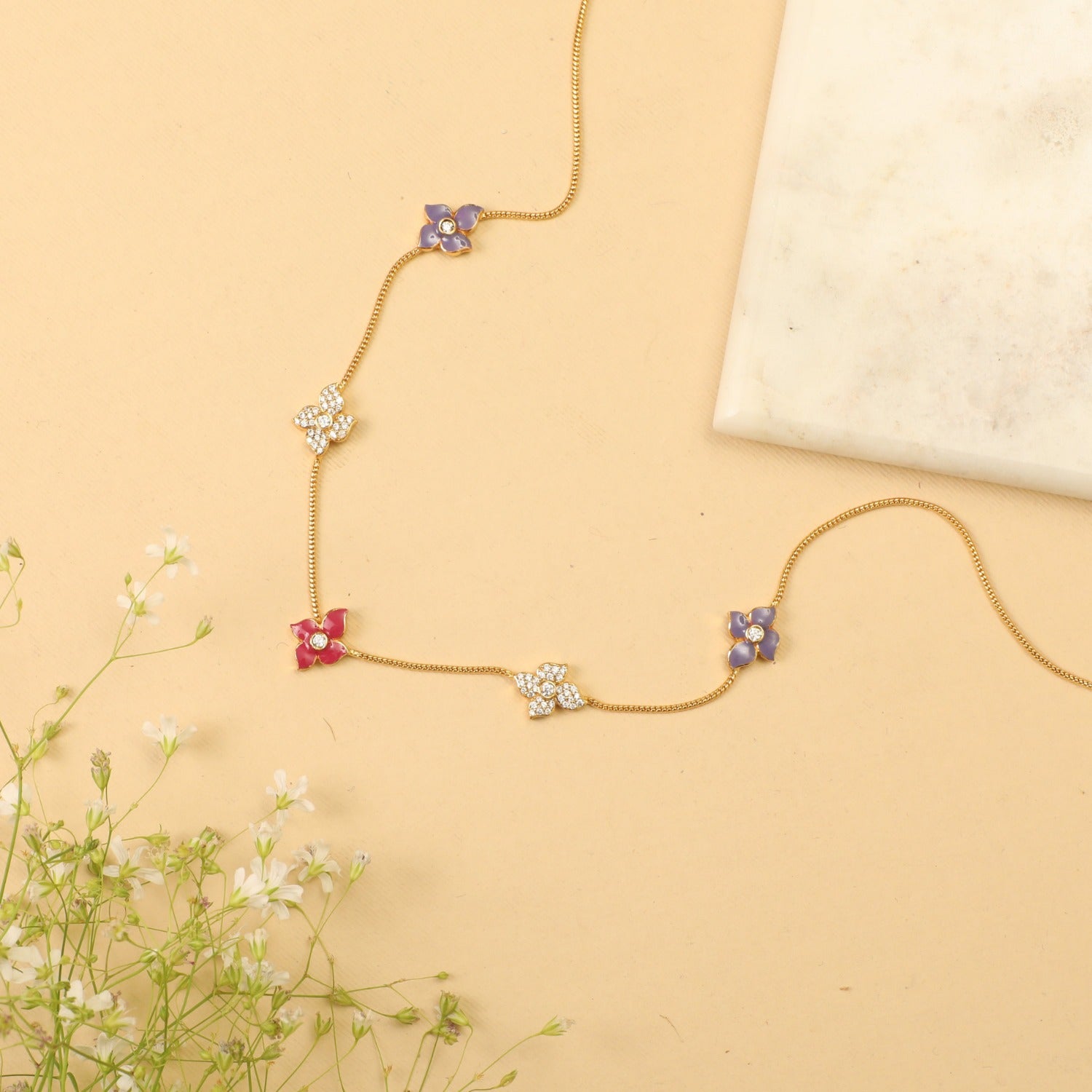 Pansy Floral CZ Statement Classic Layer  Necklace 