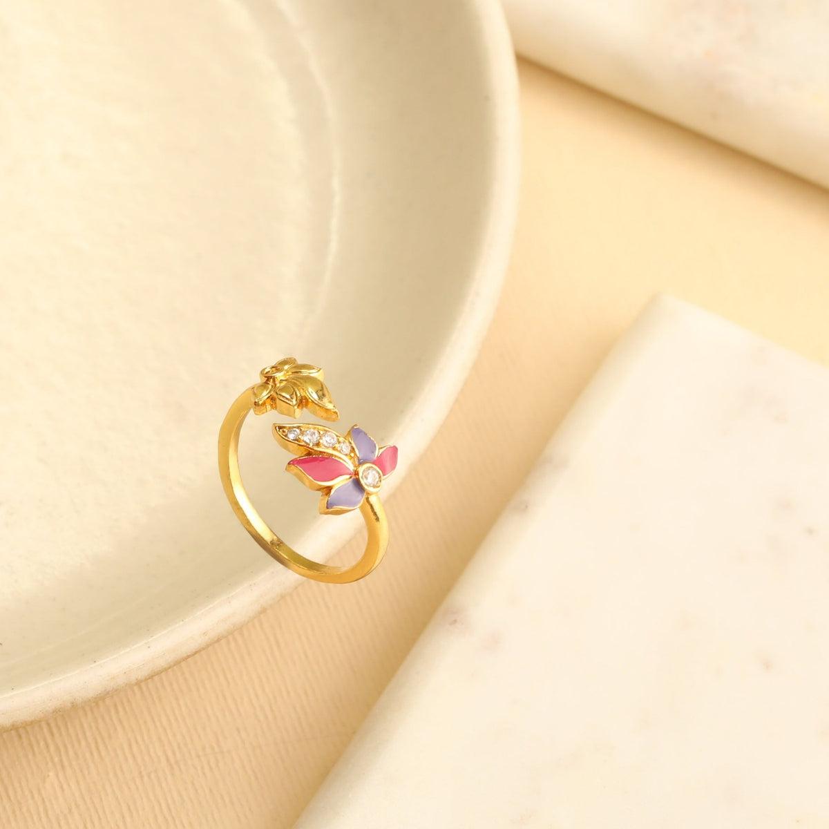 Pansy Floral CZ Double Motif Finger Ring 