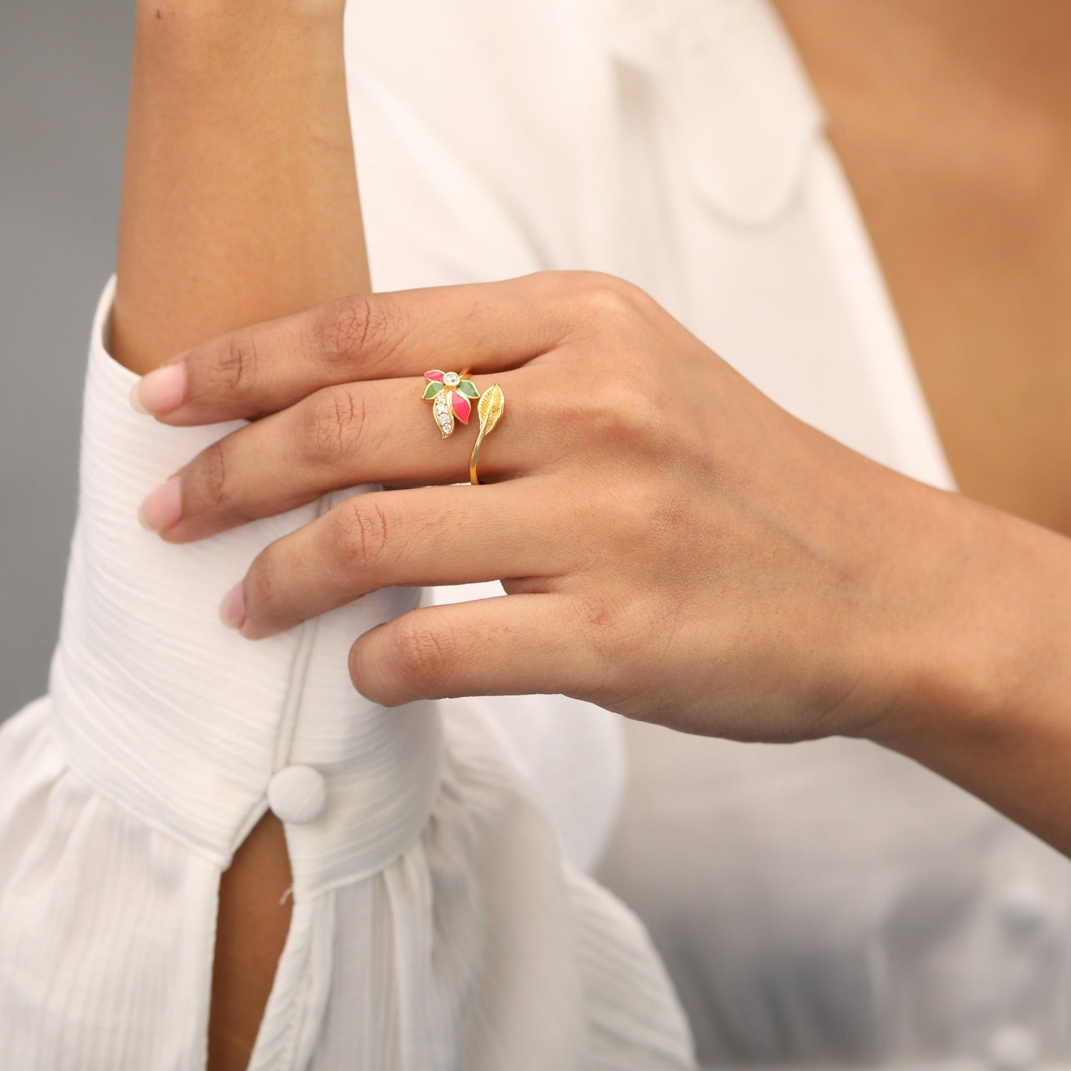 Pansy Floral CZ Leaf Finger Ring 