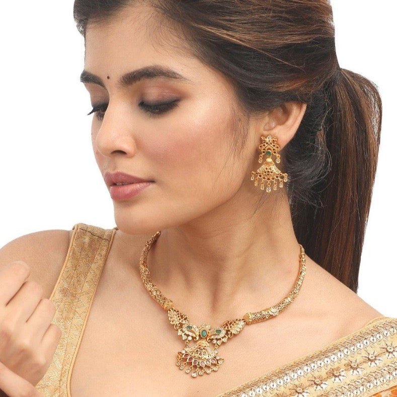 Gold Toned Long Necklace Set with Earrings | FashionCrab.com