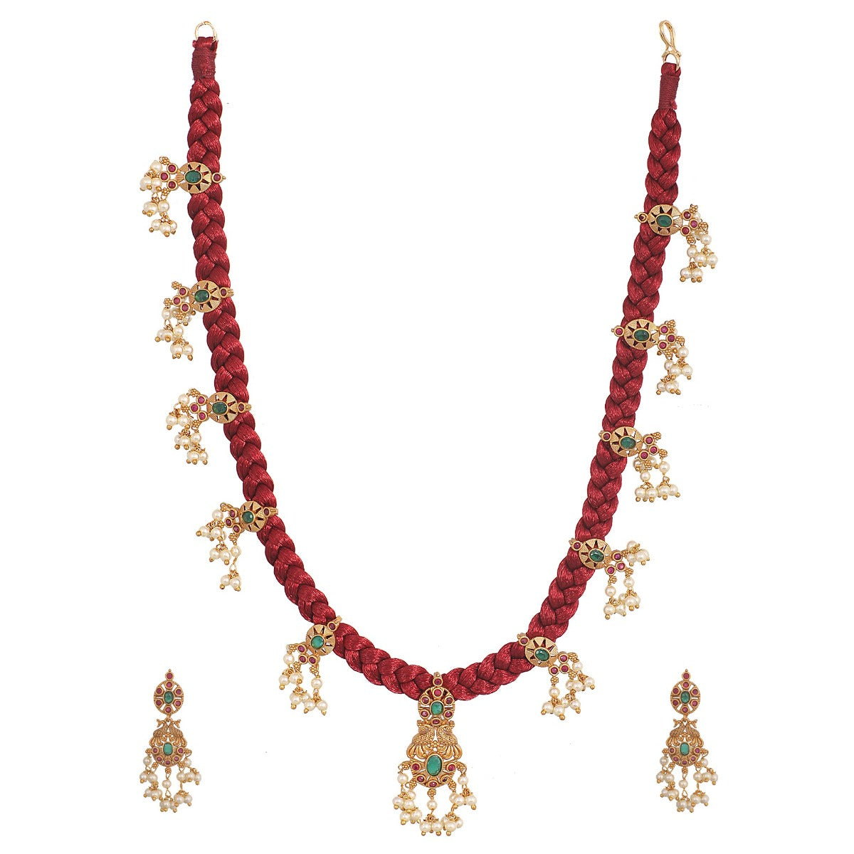 Antique Gold Plated Lalita CZ Pendant Dori Necklace Earrings Set