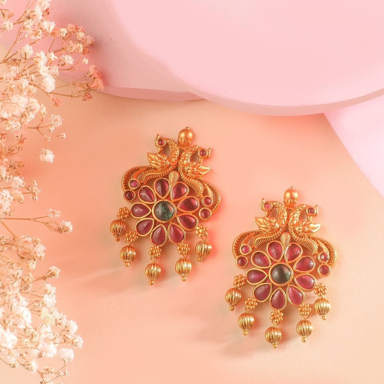 Gold tone white-pink stone south Indian style earrings dj-41757 – dreamjwell